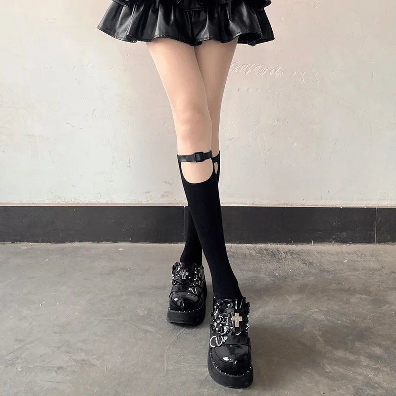 Y Demo Techwear Women Stretchy Thin Middle Tube Socks With Leather Buckles