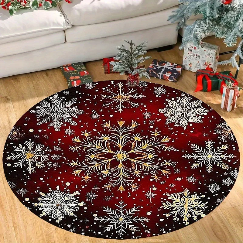 Deep Wine Red Gold Multi Snowflake All Over Round doormat Simple Winter Festive Non Slip Sofa Side Rug