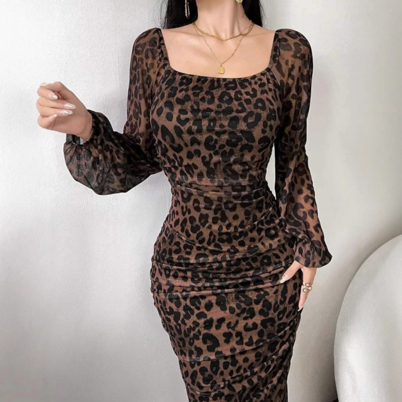 

Dresses for Women 2025 New Leopard Print Women's Mesh Printed Square Neck Long Sleeved Sexy Tight Ruffle Edge Dress