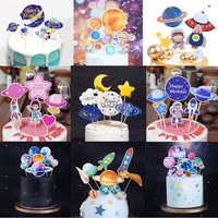 Astronaut Cake Topper Star UFO Planet Happy Birthday Wedding Decoration Spacecraft Cupcake Decor Party Baking Supplies DIY New