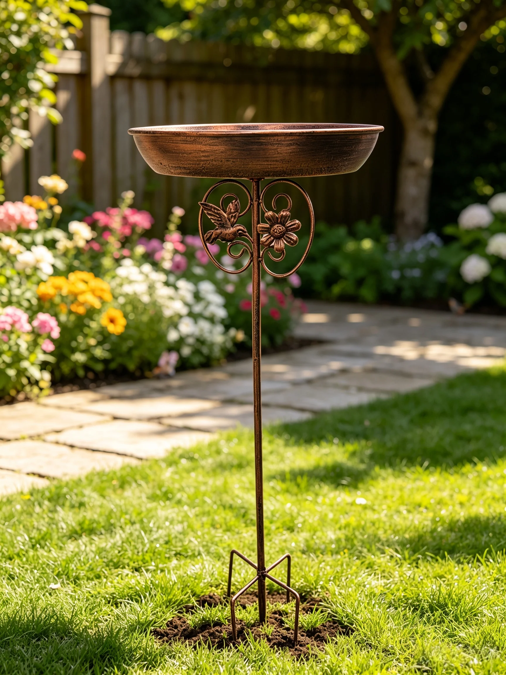Outdoor Metal Bird Bath for Garden, Antique Bronze Hummingbird Pattern Birdbath with Ground Stake, Freestanding Bird Water Feede