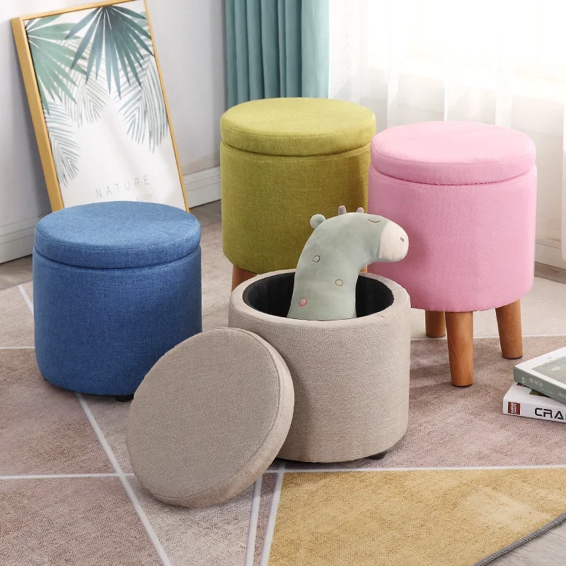 Simple Solid Wood Storage Stool  Versatile Cloth Art Design, Multipurpose Household Seating, Living Room Footrest, Organizer