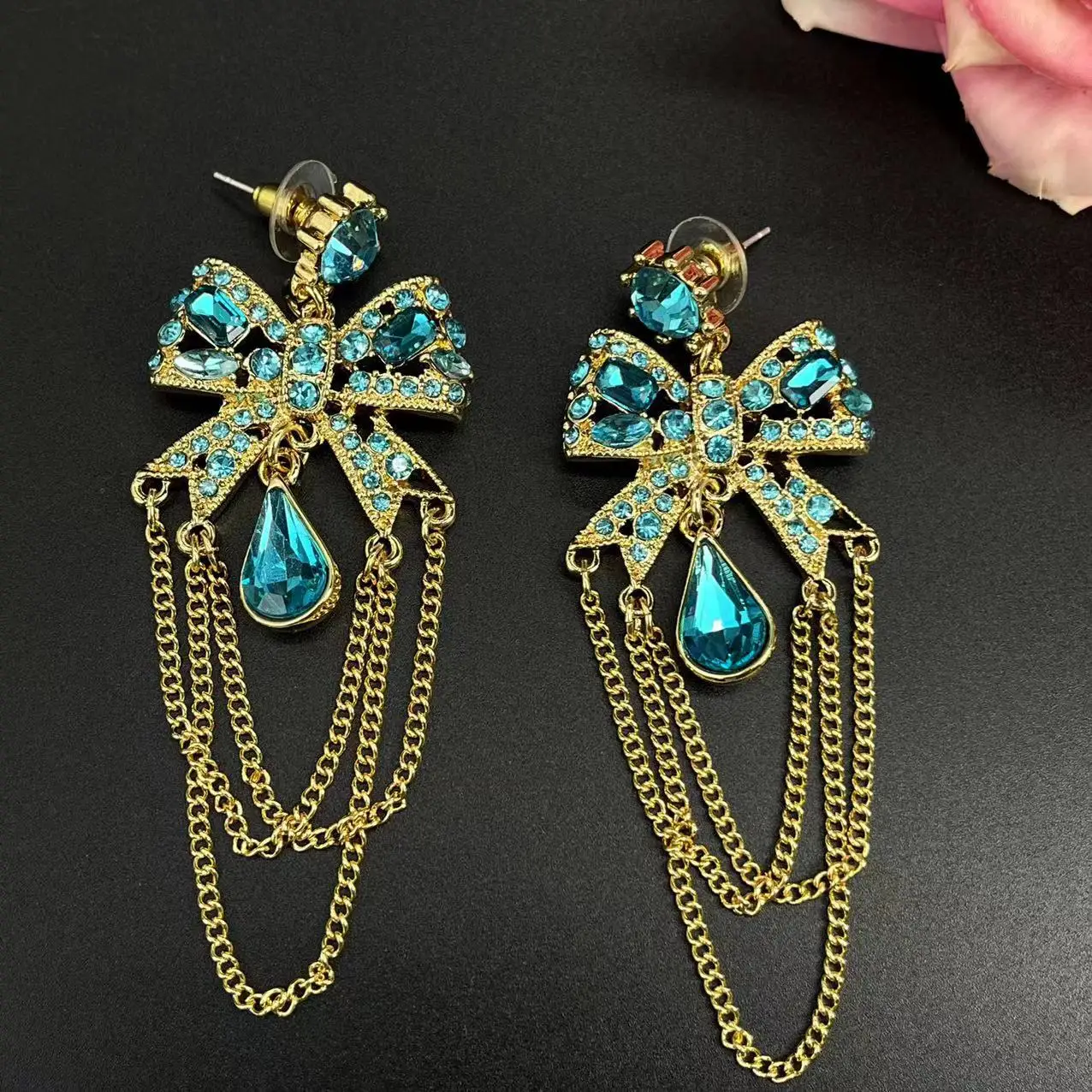 Vintage Palace Wind and Sky Blue Tassel Bowtie Water Drop Earrings