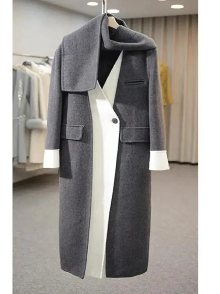 Contrast Stitching Double-Sided Woolen Jacket Women Overcoat Autumn Winter New Scarf Collar Fake Two Long Loose Wool Windbreaker