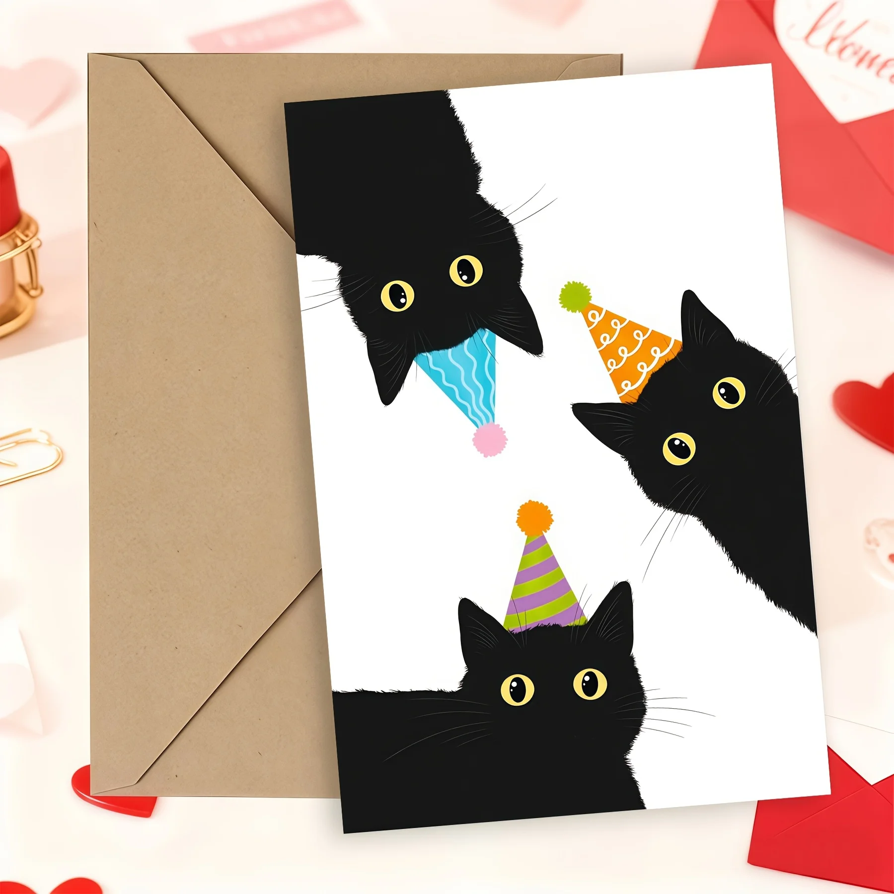 Cute Black Cat Happy Birthday Card, Cartoon Kitten Card with Party Hat, Fun Birthday Celebration Card with Envelope - view 5