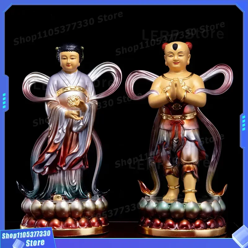 Pure Copper Guanyin Bodhisattva Statue with Golden Boy and Jade Girl for Home Feng Shui Decoration Wealth God Figure Nanhai