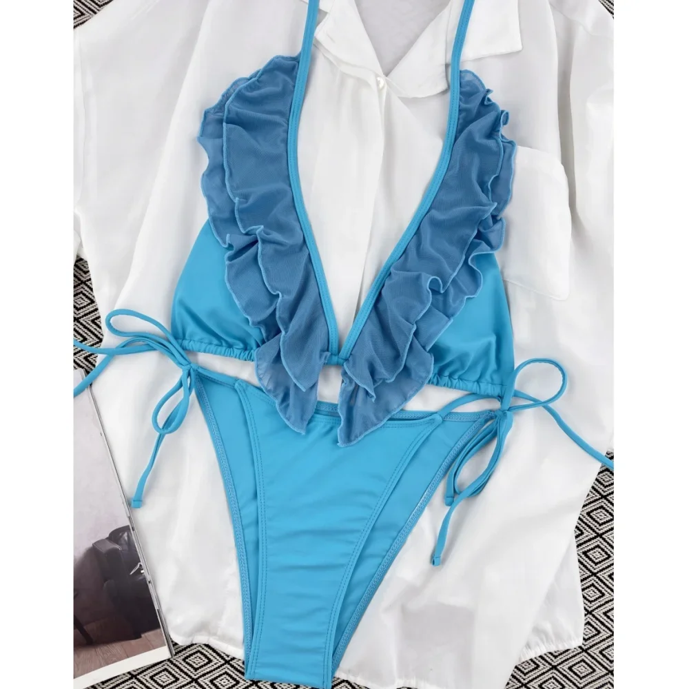 

Sexy Ruffled Collar Extreme String Bikini Halter Swimsuit Backless Swimwear Women Beach Outfit Bathing Swim Suits Bikinis Tangas