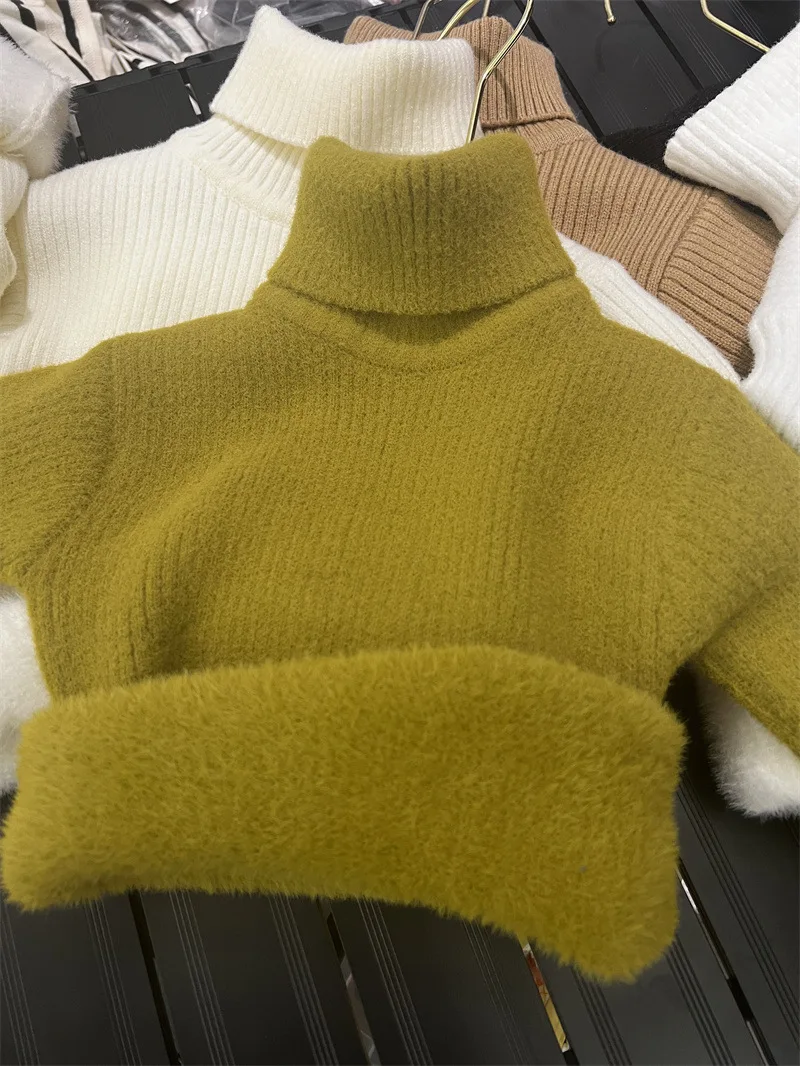 Baby Plus Samtpullover für Jungen und Mädchen, warmes, kaltes Fleece-Bottom-Shirt, mittleres Kind, einfarbig, hoher Kragen, Pullover, 2–10 Jahre – Detail 6