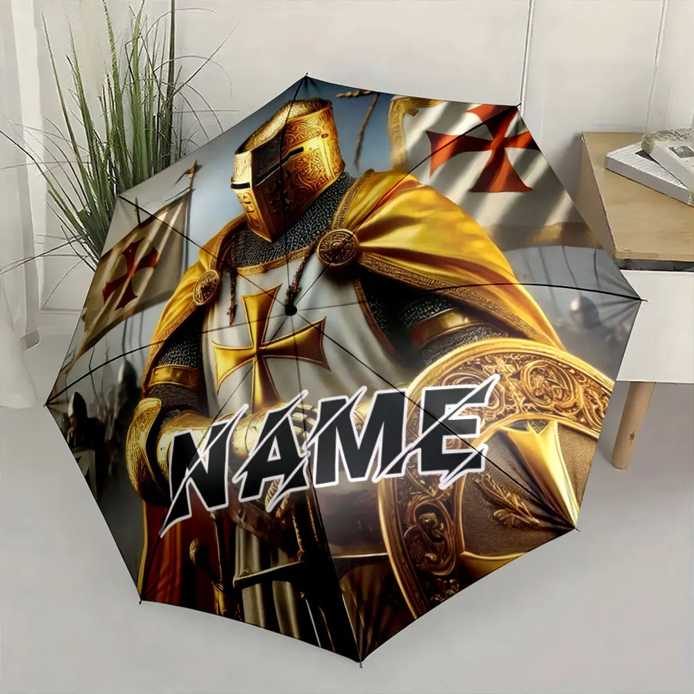 Custom Name Umbrella, Medieval Knight with Cross and Flag Design Umbrella Folding Umbrella for Sunny and Rainy,Gift