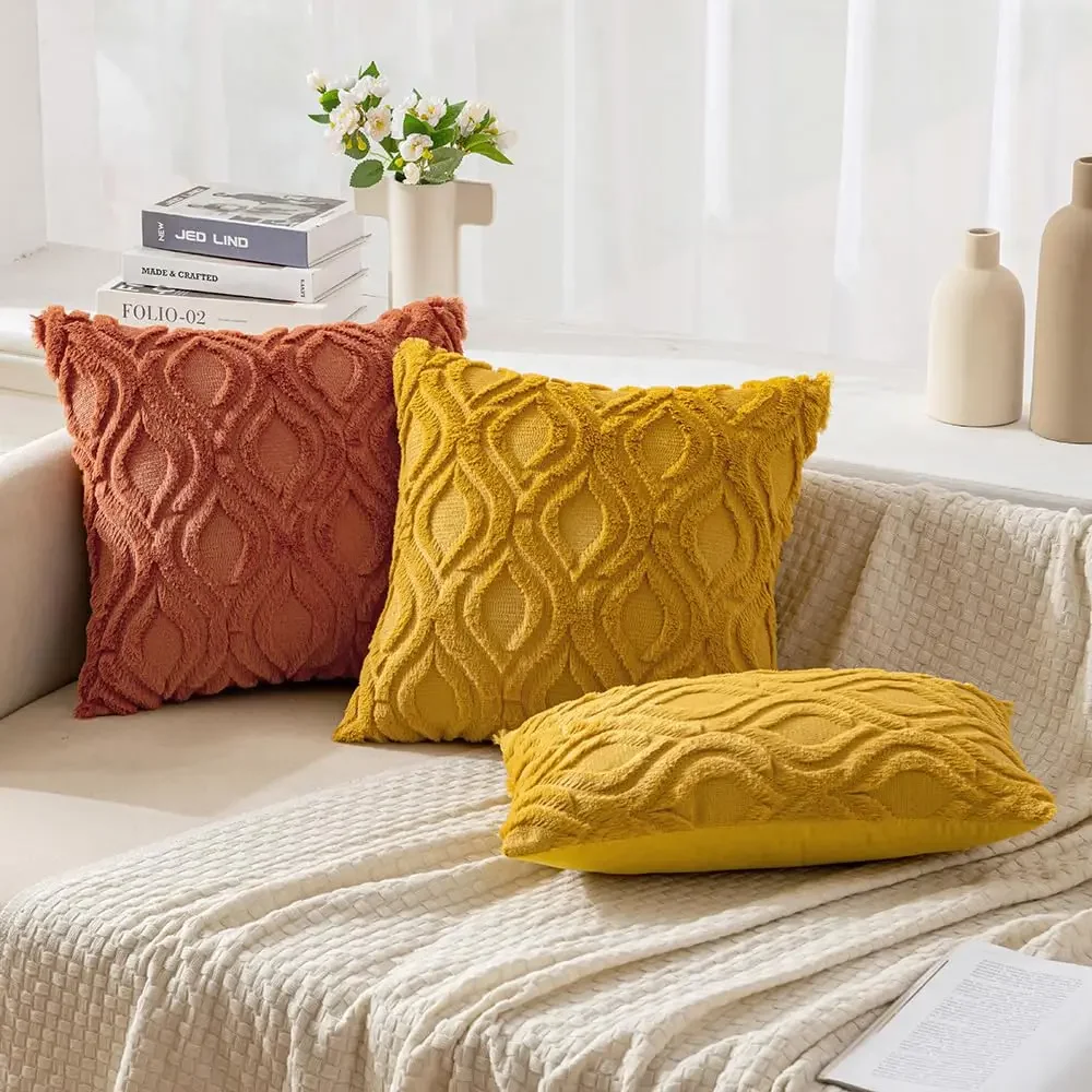 Fall Rust Orange Throw Pillow Covers 45x45CM Soft Plush Faux Wool Couch Cushion Cover Boho Throw Pillow for Sofa Living Room Bed