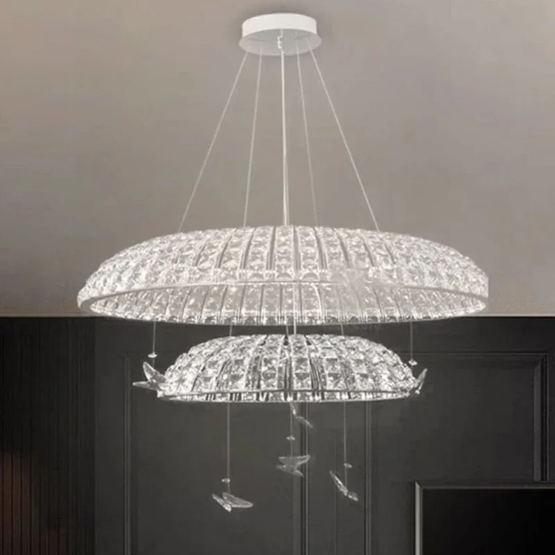 Luxury loft chandelier crystal living room home decor hanging lamp chrome double decker attic led chandeliers 2024 light fixture