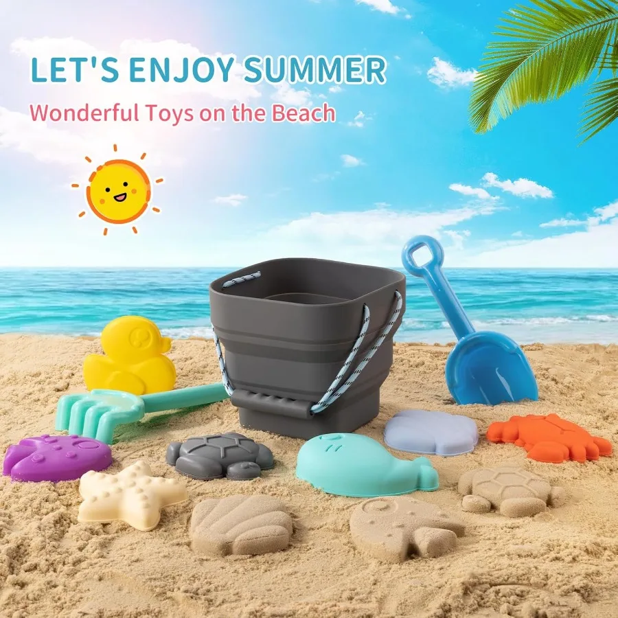 Jouets de plage en Silicone pour bébé, ensemble de plage moderne pour voyage, seau, pelle, 7 moules à sable, sac, jouets de sable pour tout-petits, 11 pièces, gris foncé