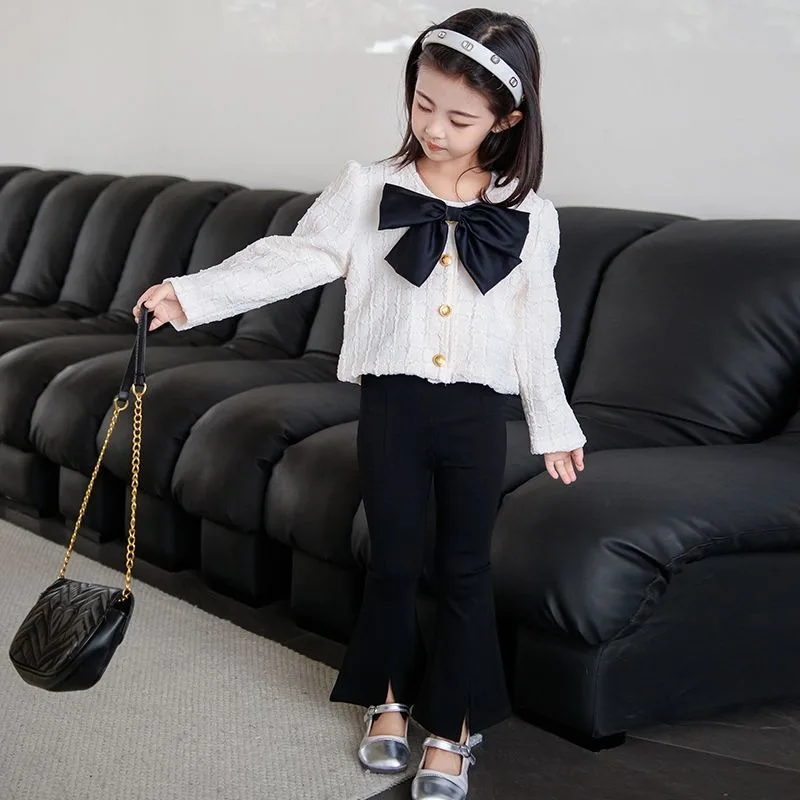 

Top & Pants 2-Piece Set Bow Bell-bottom Girl Boutique Clothing Winter Sets Autumn Clothes Kids Korean Two Fashion Girls Outfit