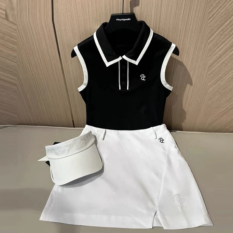 New Golf Clothing Tops Women Summer Sleeveless T-shirt Stretch Quick Dry Golf Shirts Ladies Pencil Skirts A-lined Slim Skort