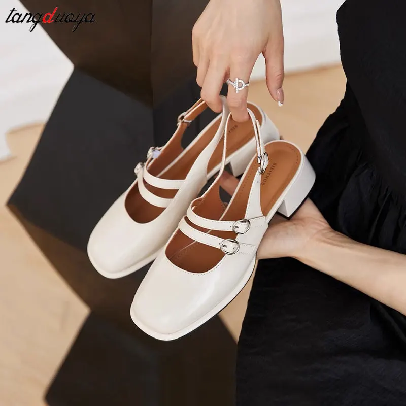 Women Sandals Summer Shoes Woman low heels Double Buckle Mary Janes Shoes Patent Leather Dress Shoes Back Strap Zapatos Mujer