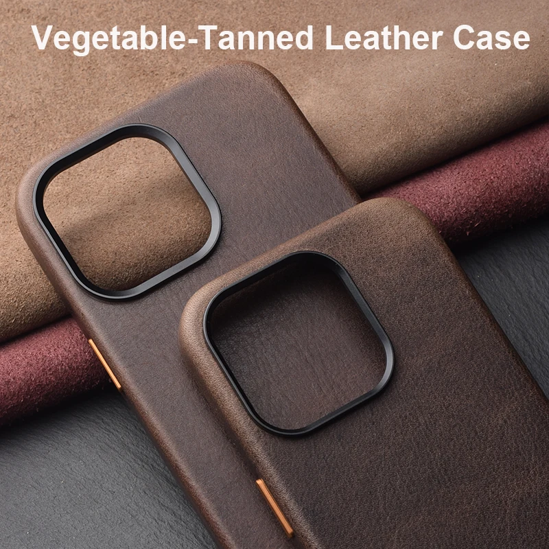 

Vegetable-Tanned Leather Case for iPhone 15 Pro Quality iPhone 15 Pro Case Leather Strong Magnetic Charging Phone Back Cover