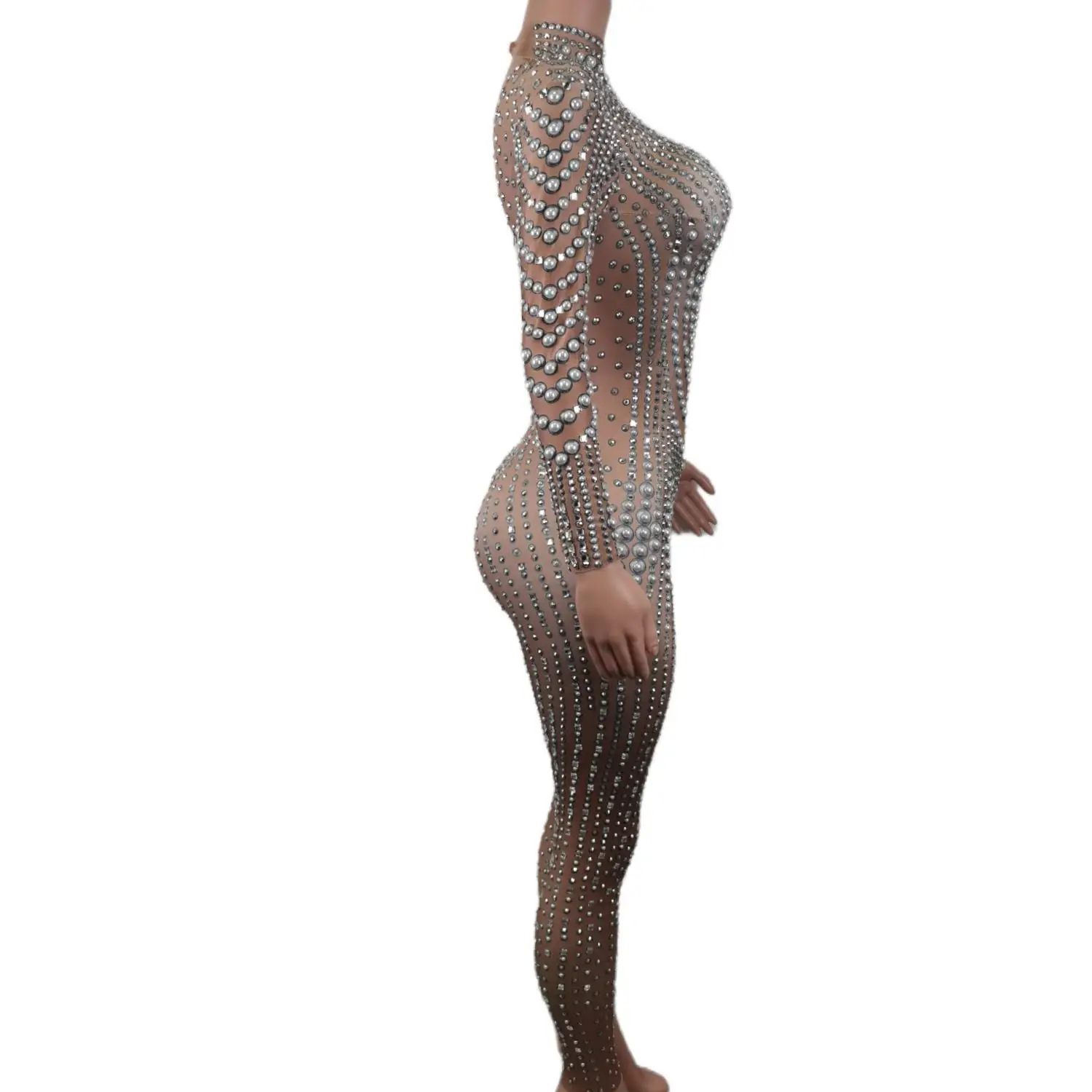 Sexy Rhinestones Pearl Women Long Sleeve Jumpsuit Birthday Party Elastic Tight Romper Singer Nightclub Stage Costume Zhenzhuwang