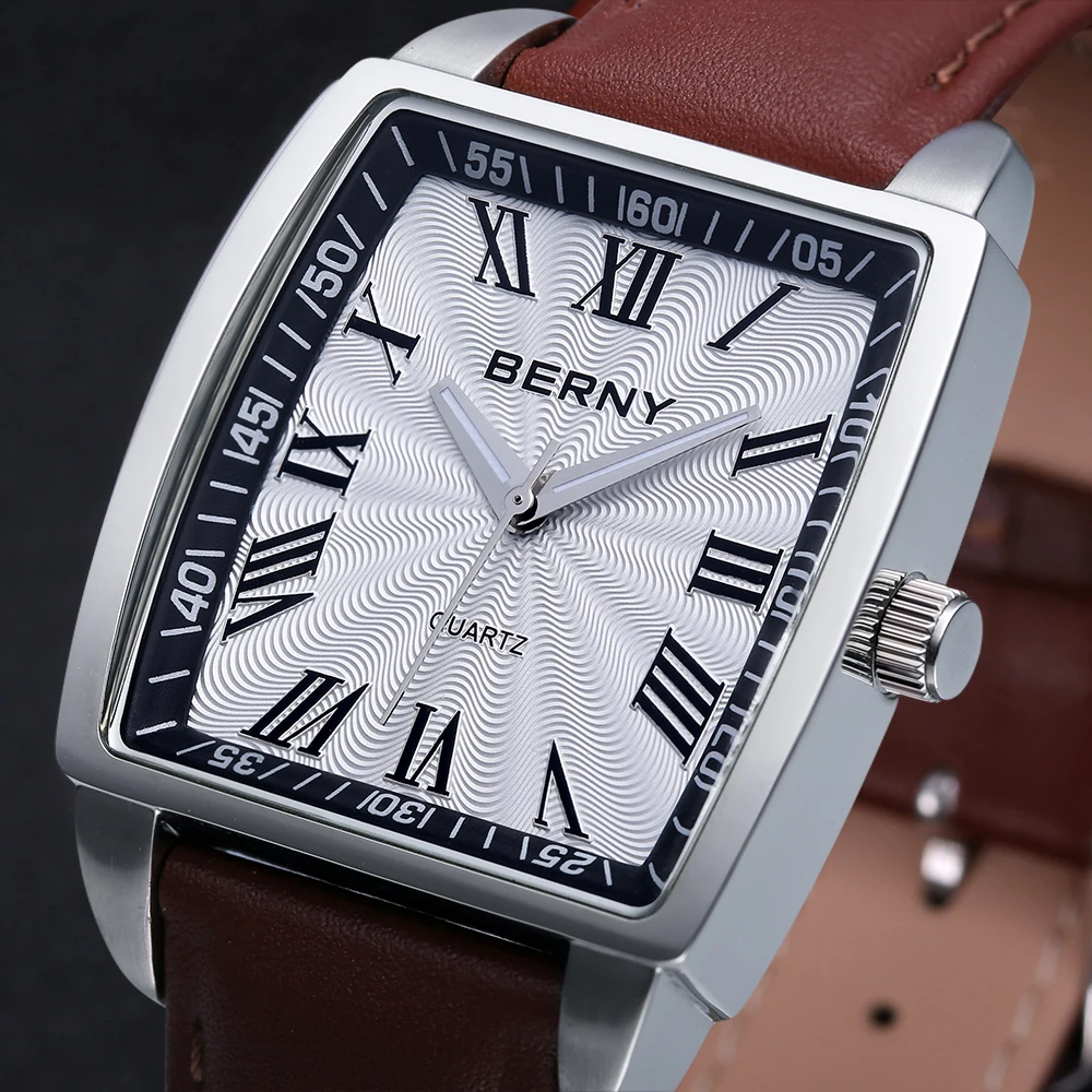 BERNY Japan Quartz Wristwatch Top Brand Luxury Rectangle Watch for Men Waterproof Luxury Watch Men Classic Leather Mens Watches