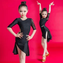 New Latin Dance Dress for Children Girls Practice Clothes Performance Clothing Lace Sleeve Top Skirts Suit Competition Costumes