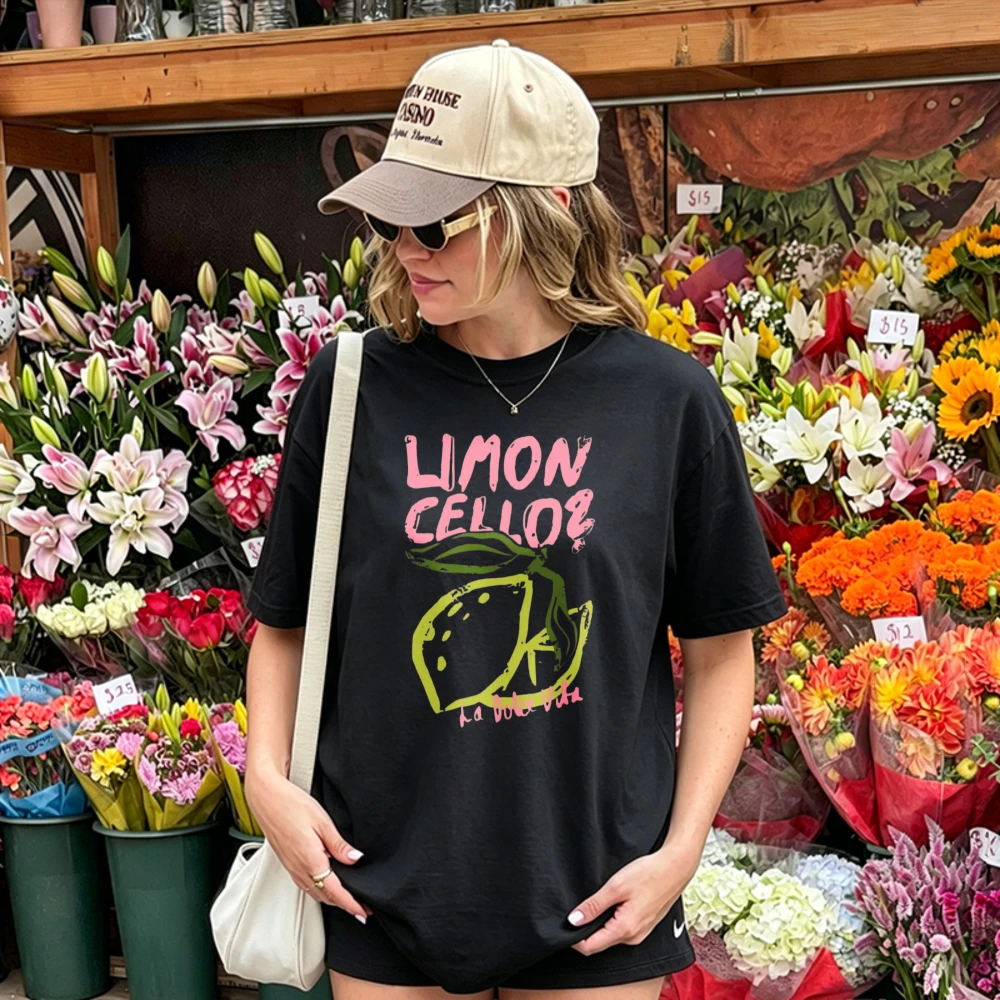 Limoncello Bold Graffiti Letter Lemon Outline Print T Shirt Retro Art Cotton Tee Italian Summer Vacation Fruit Theme Casual Tops