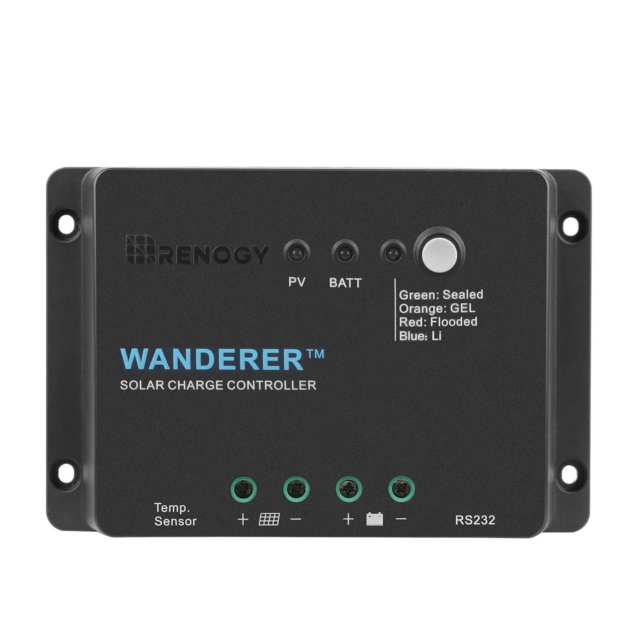 Renogy Wanderer Controlador de Carga Solar Negativo Terra w Temp Função Sensor Lítio Selado Gel 30a 12v Pwm