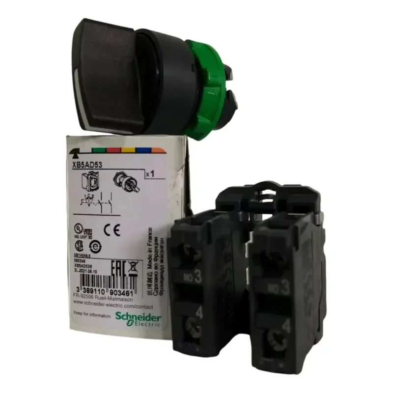 XB5AD53 XB5AD53C = ZB5AD5C + ZB5AZ103C Selector switch, plastic, black, Ø22, 3 positions, spring return to center, 2 NO