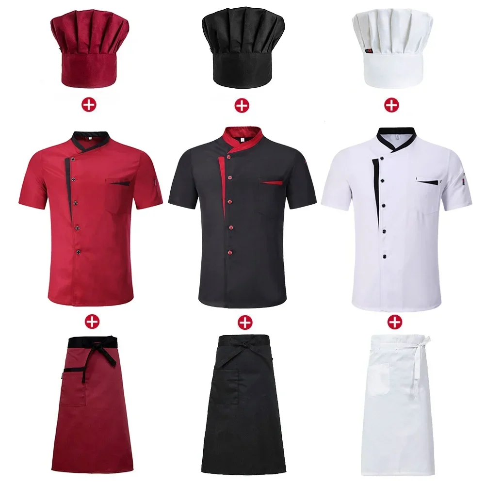 

Short Sleeve Chef Jacket Set Hotel Kitchen Work Uniform Cook Restaurant Cooking Shirts+Hat+Apron