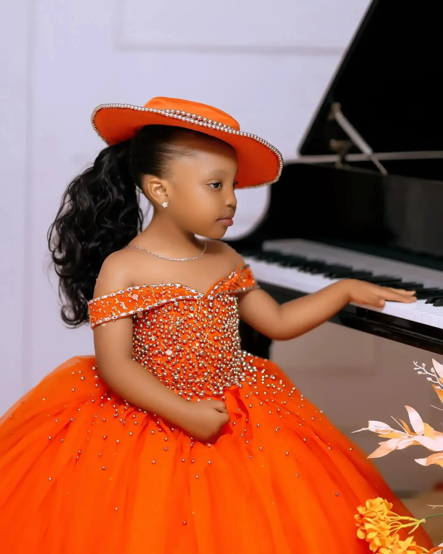 Custom Orange Off-Shoulder Beaded Tulle Flower Girl Princess Dress