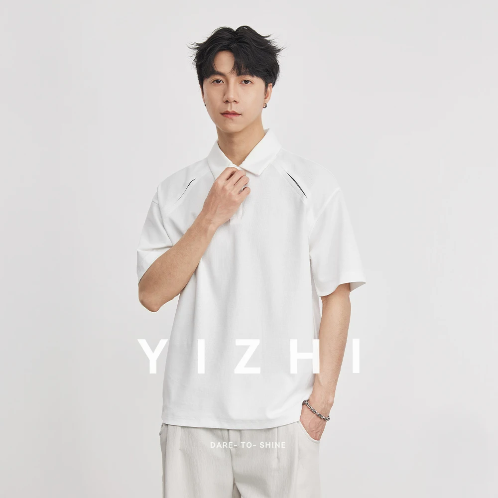 210g Heavyweight Polo Shirt Men Turn Down Collar Half Placket Short Sleeve Solid Color Tee Tops