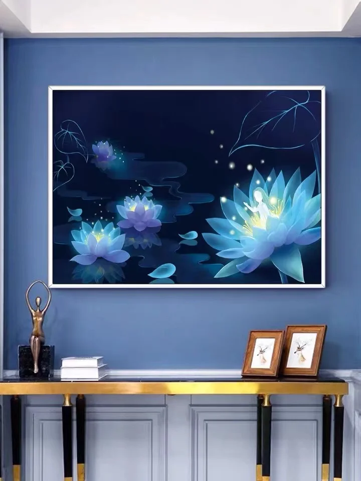 

Handmade cross stitch finished product with blue lotus flowers, 2024 new living room, bedroom decoration, hanging paintings70*52