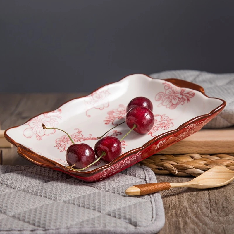 

1pc Ceramic Fruit Tray Ornament Western Plate Home Pasta Dish Kitchen Utensils Flower Pattern Design Household Tableware
