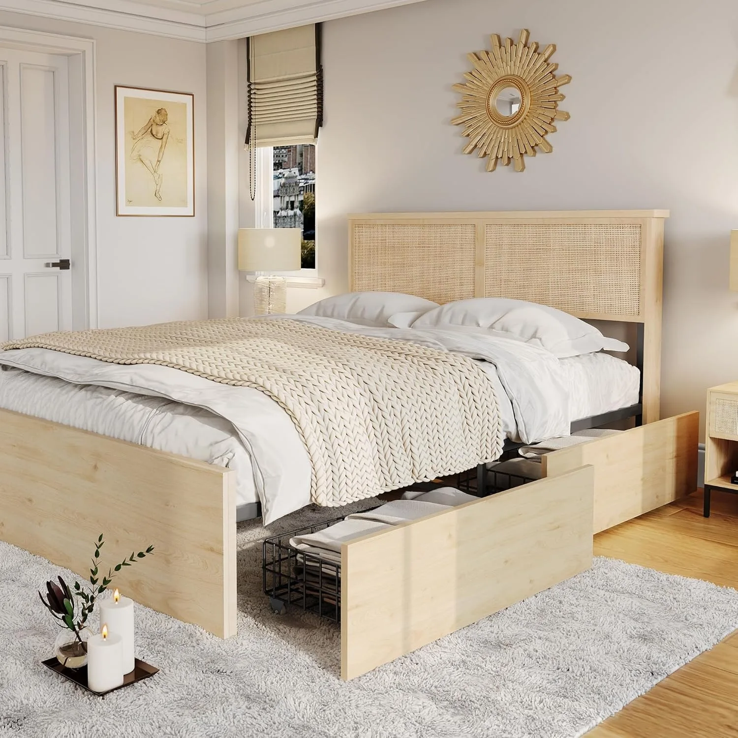 Natural Rattan Queen Bed Frame with Wooden Headboard & 4Storage Drawers,Boho Cane Bed Metal Platform Bed with Strong Wooden Slat