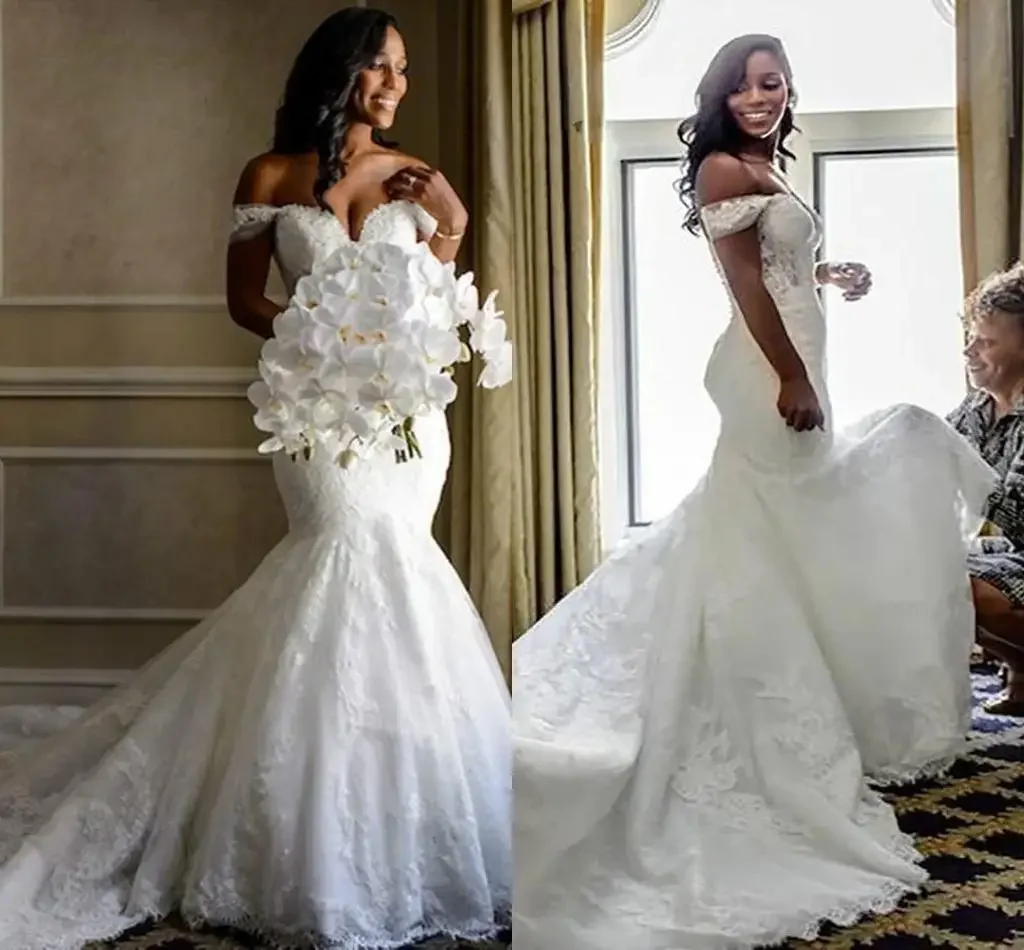 

Customized Full Lace Mermaid Wedding Dresses Off The Shoulder With Sleeves Corset Back Chapel Train African Designer Bridal Go