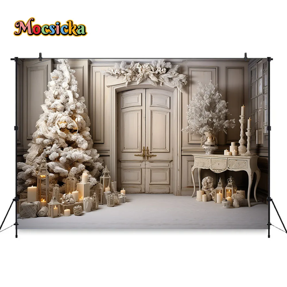 Fondo de decoración de puerta blanca Retro de Navidad, árbol de Navidad, regalo, velas, ventana, zona de fotografía, telón de fondo, retrato familiar, estudio fotográfico