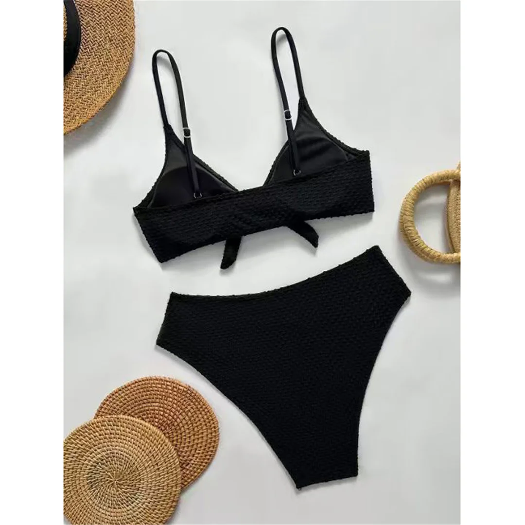 S - XL Neuer, geknitterter, geknoteter Bikini mit mittelhoher Taille, Damen-Badeanzug, zweiteiliges Bikini-Set, Badebekleidung, Badeanzug, Schwimmanzug V8456 – Detail 5