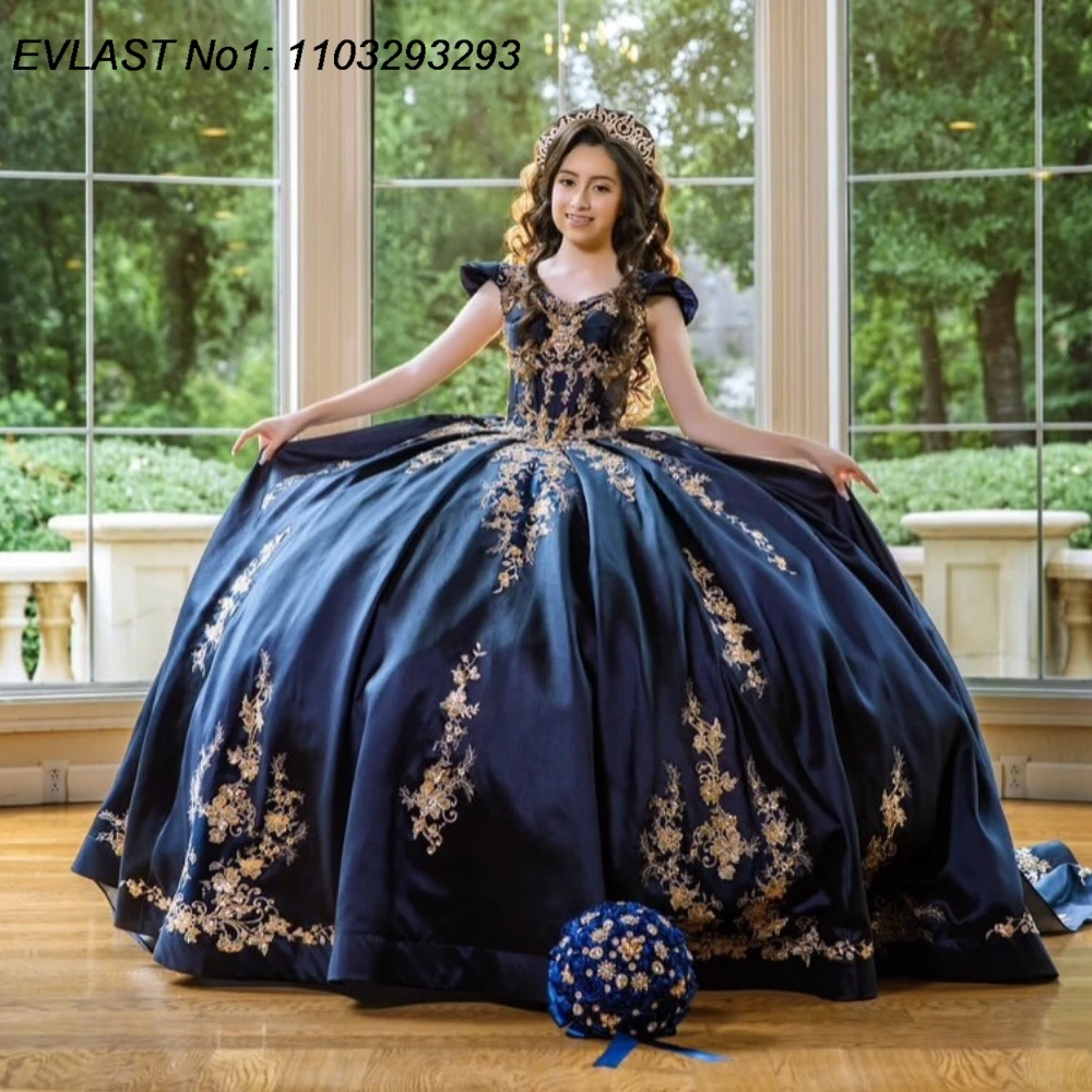 

EVLAST Customized Luxury Navy Blue Quinceanera Dress Ball Gown Gold Lace Applique Beading Bow Sweet 16 Vestidos De 15 Anos AQ338