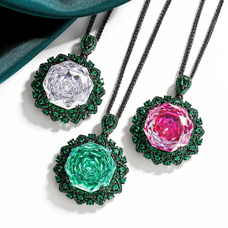 Luxury Ornate Octagonal Cut Pink Red Gem Necklace 18×18mm Green CZ Halo Black Plated Vintage Statement Jewelry Friends Gift