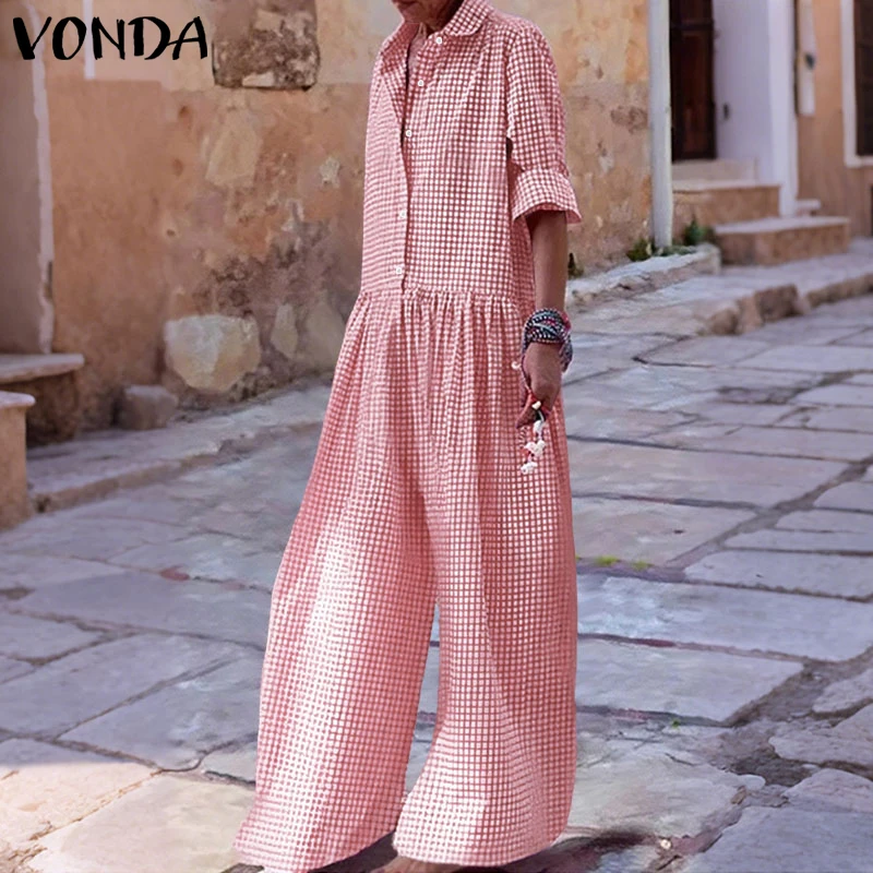 Grande taille 5XL VONDA Vintage combinaisons femmes élégant Plaid longue salopette mode 3/4 manches décontracté combishorts Streetwear pantalon