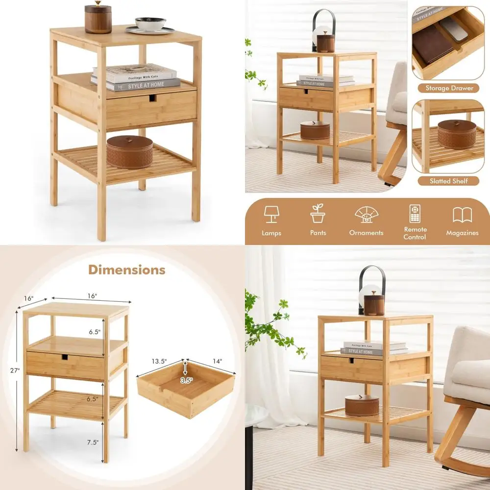 

Многофункциональная бамбуковая тумбочка с выдвижным ящиком и полками для хранения вещей для небольших помещений, деревянный приставной столик, идеально подходящий для прикроватного использования в моделях