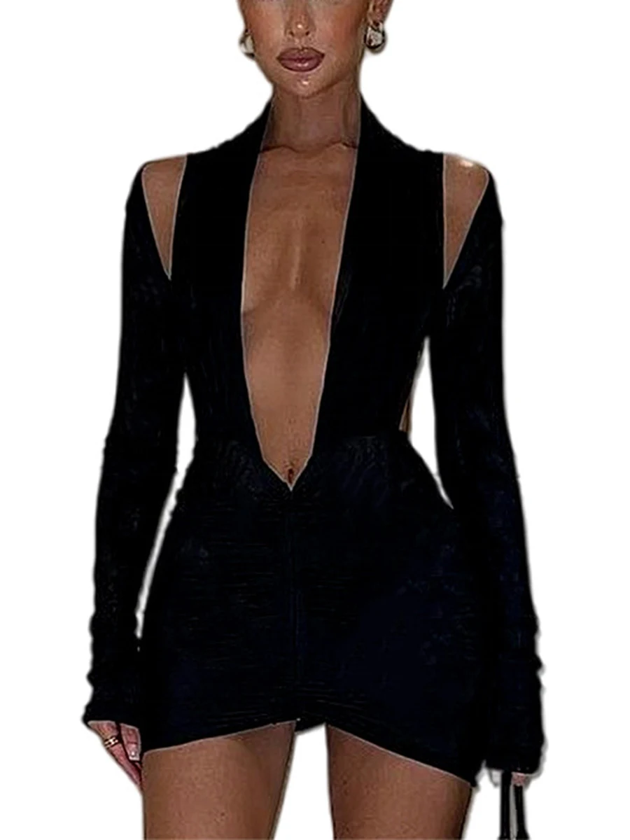 

Women Bodycon Dress Long Sleeve V Neck Backless Pleated Solid Fit Dress for Cocktail Party