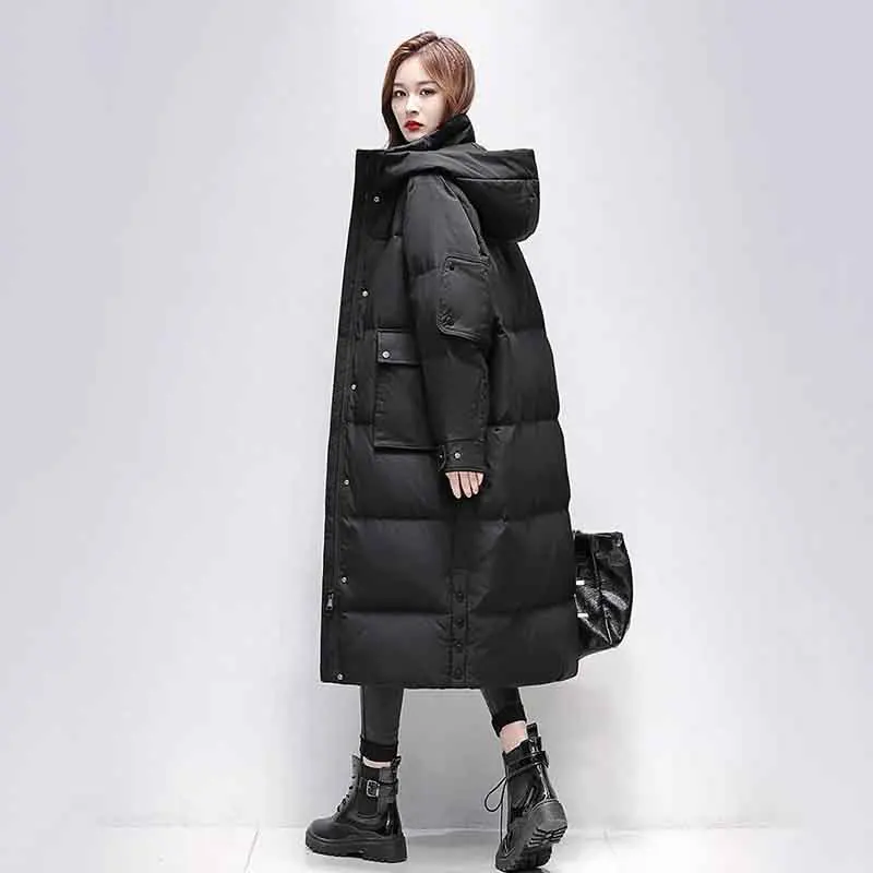 Fashion Down Women's Knee-length Loose Warm Grey Down 2022 Winter New Hooded Joker Pocket Casual Coat Wome