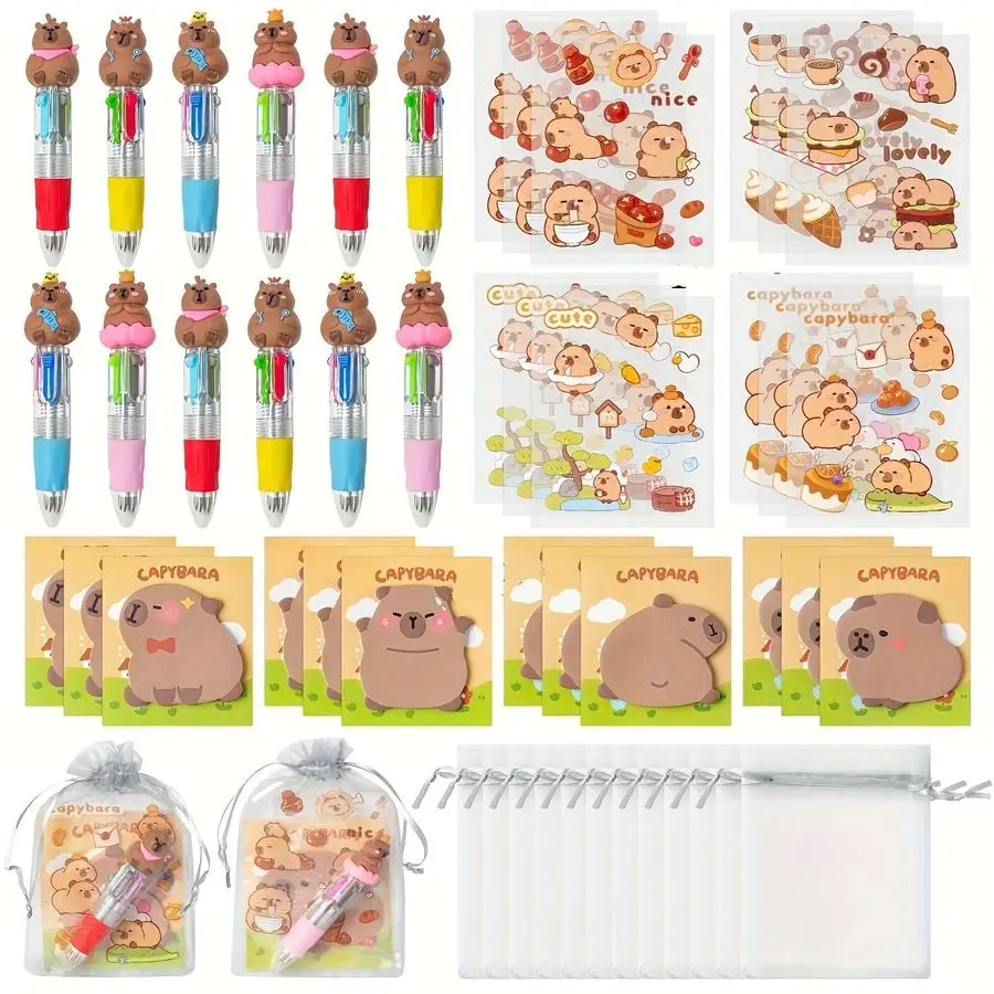 1/5/10/20/50/100pcs Capivara Stationery Party Gift Sets - Capybara-Printed Design Featuring Sticky Notes, Stickers, and a Drawst