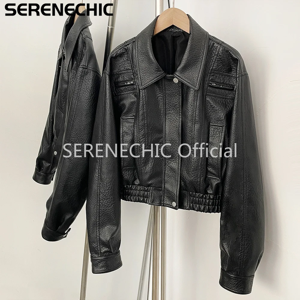 SERENECHIC Textured PU Aviator Coat with Elastic Hem Women's Black Cropped Faux Leather Jacket New Vintage Outerwear Female