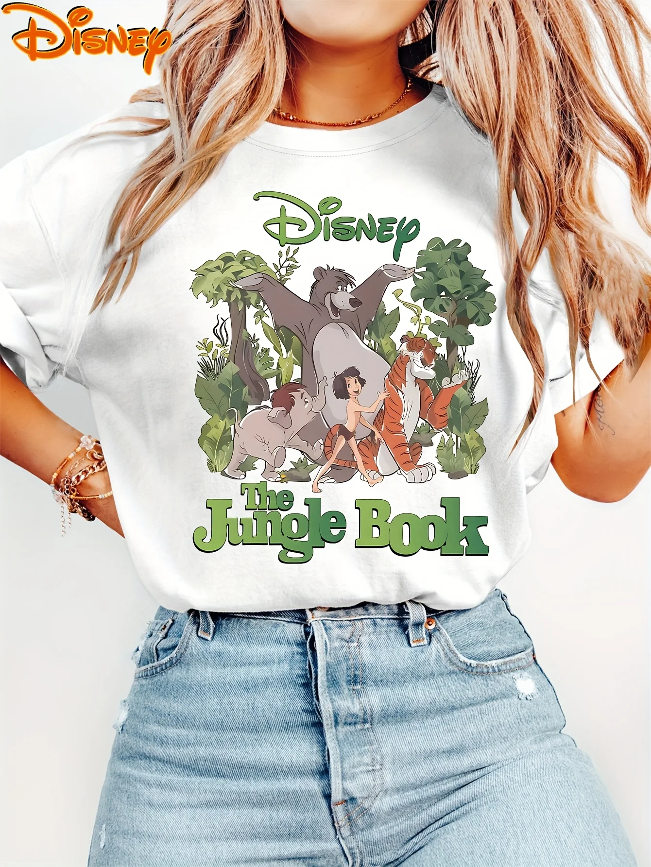 

Футболка Disney Jungle Book Mo-Lie & T-Rex, женская и мужская хлопковая футболка с круглым вырезом, повседневная свободная одежда большого размера с короткими рукавами, свободные топы