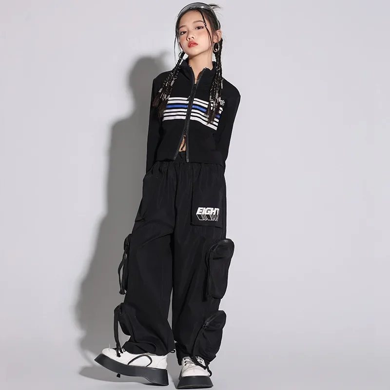 

Modern Jazz Dance Costume for Girls Black Tops Cargo Pants Long Sleeve Hip Hop Performance Suit Fashion Clothing Stage Wear