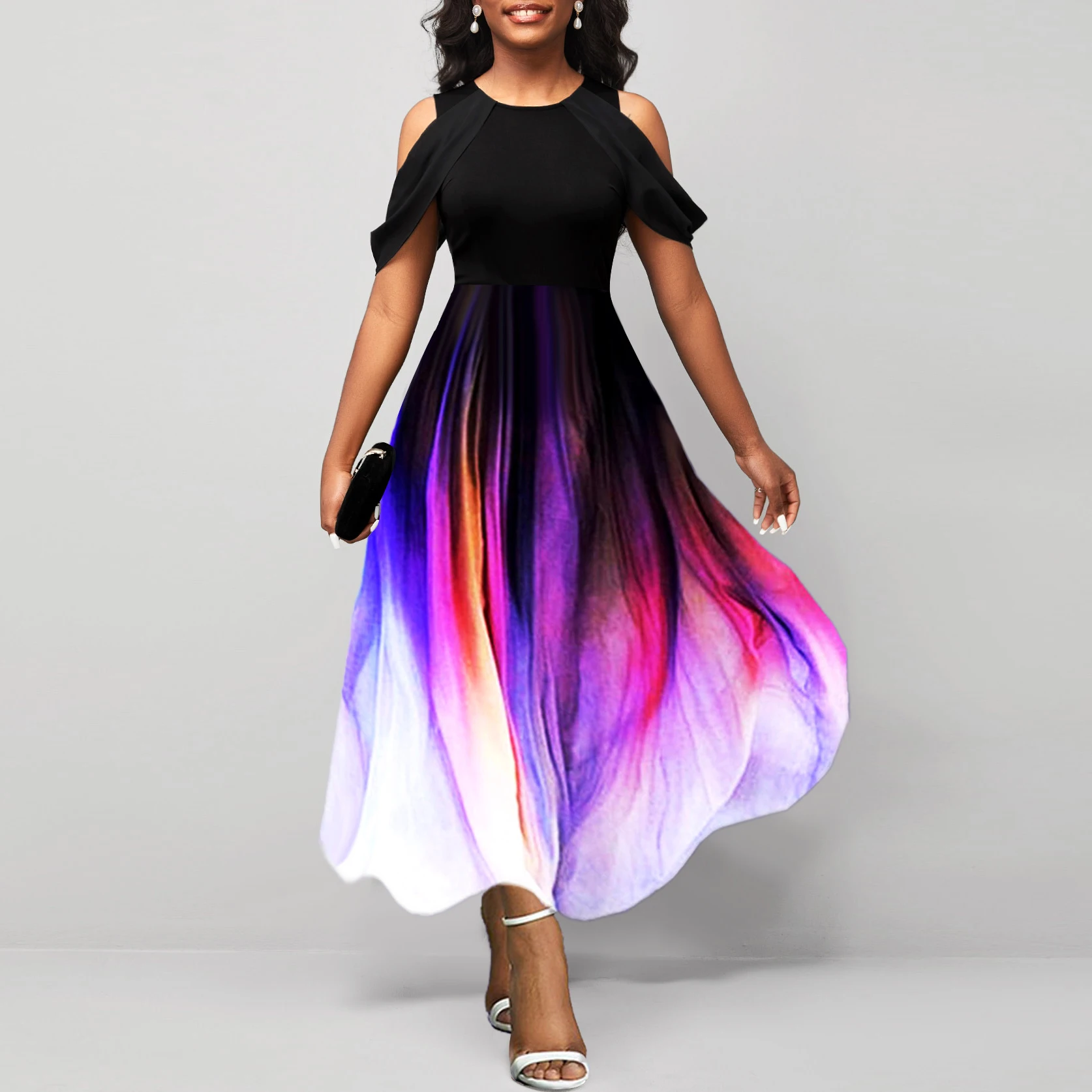 Fashion sexy off-the-shoulder dress gradient printed short-sleeved round-necked skirt female S-4XL