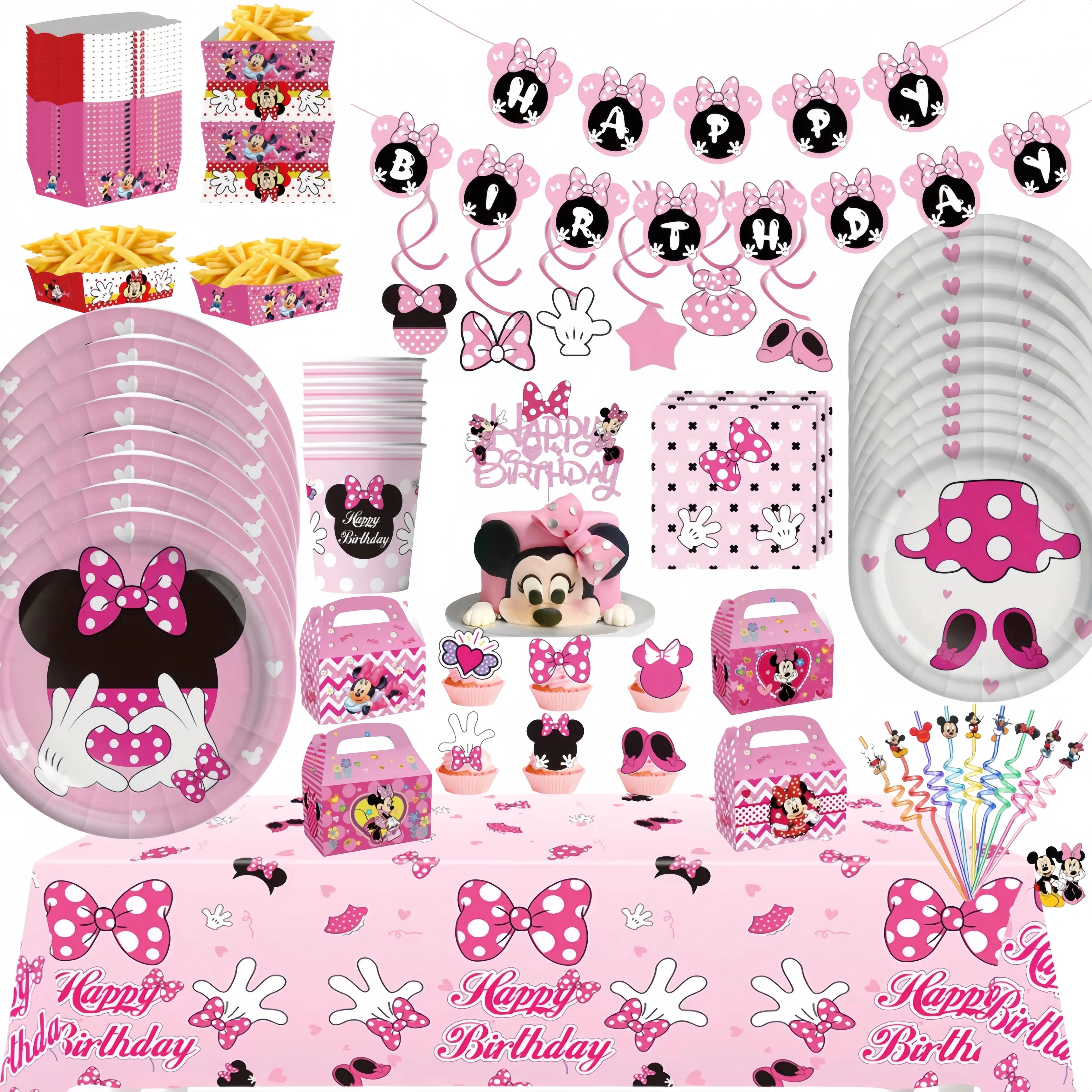 Fournitures de fête d'anniversaire Minnie Mouse, vaisselle rose, assiette, nappe pour réception-cadeau pour bébé, décor de fête pour enfants, cadeaux de fête pour filles