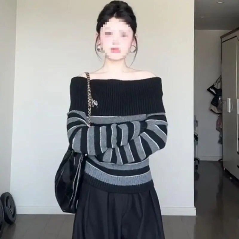 Eleganter grau gestreifter Retro-Damenpullover, bestickt, langärmelig, schulterfrei, koreanischer Stil, Strickpullover, lässige Mode