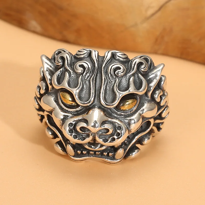 

925 sterling silver vintage Pixiu Qilin men's personality domineering mythical beast ring tiger head open twelve zodiac ring