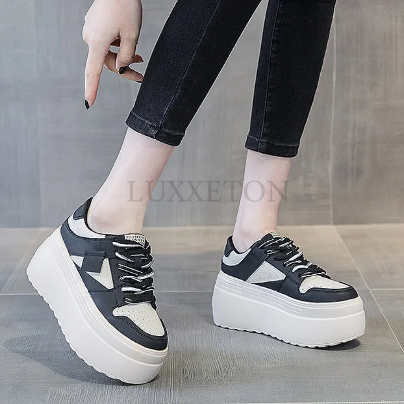 8cm Casual Platform Wedge Hiden Heel Genuine Leather Shoes Chunky Sneakers Vulcanized for Women Spring Autumn Mixed Color